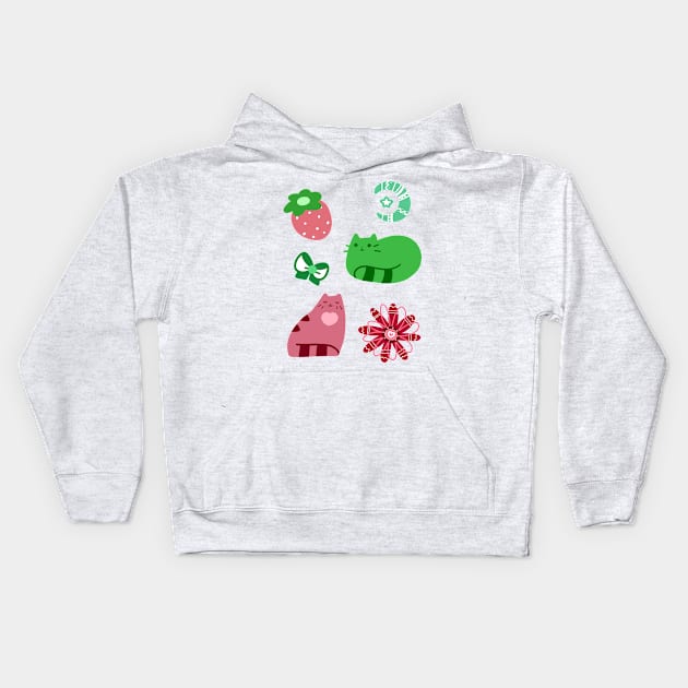 Green and Pink Strawberry Cats Kids Hoodie by saradaboru